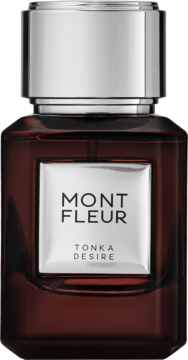 Flakon perfum Mont Fleur Tonka Desire, ciemnobrązowy, z srebrną etykietą i korkiem, widok z przodu.
