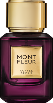 Mont Fleur Coffee Dream perfumy, fioletowa butelka z grubym dnem, złoty korek i etykieta, widok z przodu.