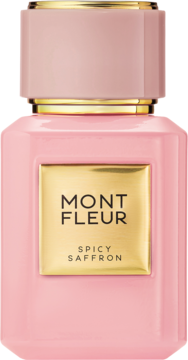 Mont Fleur Spicy Saffron, różowy flakon perfum z sześciokątną nakrętką i złotą etykietą, widok z przodu.