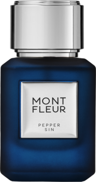 Mont Fleur Pepper Sin, elegancka perfuma w matowej, granatowej butelce ze srebrną, metaliczną nakrętką, z przodu.