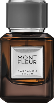Mont Fleur Cardamom Touch perfumy w ciemnej, bursztynowej butelce z metaliczną etykietą, widok z przodu.