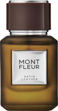 Mont Fleur Satin Leather w matowej, bursztynowej butelce perfum ze srebrną etykietą i ciemną nakrętką, widok frontalny.
