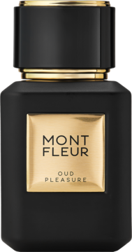 Mont Fleur Oud Pleasure, perfumy w czarnej matowej butelce ze złotym napisem i krawędziami, widok z przodu.