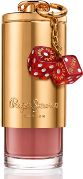 Pepe Jeans SoBold So Lucky for Him, złota butelka perfum z różowym płynem i czerwoną zawieszką "So Lucky".