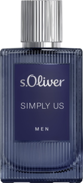 S.Oliver SIMPLY US MEN w ciemnoniebieskim, prostokątnym flakonie z rowkami, srebrny korek, widok z przodu.