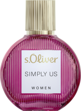 Różowy flakon perfum s.Oliver Simply Us Women z pionowymi żłobieniami i złotą zakrętką, widok z przodu.