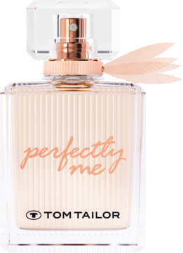 Perfumy Tom Tailor Perfectly Me, szklana butelka z ryflowaną teksturą, rose gold atomizerem i kokardką.