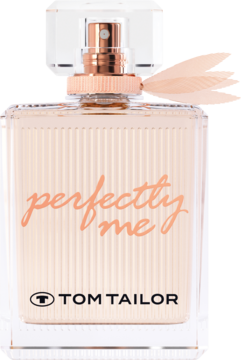 Perfumy Tom Tailor Perfectly Me w prostokątnej, żłobionej butelce z jasnym płynem i brzoskwiniowym akcentem.