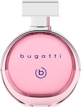 bugatti Essenza, różowa woda perfumowana dla kobiet. Okrągły flakon z napisem "bugatti", srebrnym korkiem. Widok z przodu.