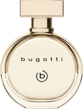 Perfuma bugatti Essenza D’Oro w złotej, płaskiej butelce z okrągłym korpusem i złotą nakrętką, widok z przodu.