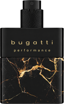 Bugatti Performance Intense: czarny flakon perfum ze złotym marmurem na dole, matowa góra z logo, widok z przodu.