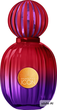 Banderas Icon perfumy w lśniącym, czerwono-fioletowym flakonie o falistej fakturze i złotej etykiecie, widok z przodu.