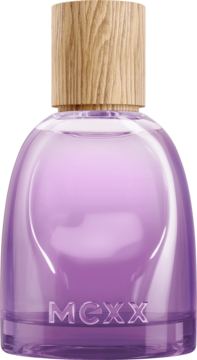 Mexx Dreamlight woda perfumowana dla kobiet, lawendowy flakon z przezroczystego szkła, drewniany korek, widok z przodu.