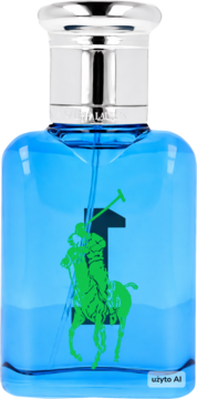 Ralph Lauren The Big Pony 1 Blue męska woda toaletowa, niebieska butelka z metalowym korkiem i zielonym logo polo, widok z przodu.