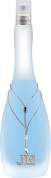 Glow by JLo Pure perfumy, matowa błękitna butelka z srebrnym łańcuszkiem i logo, widok z przodu.