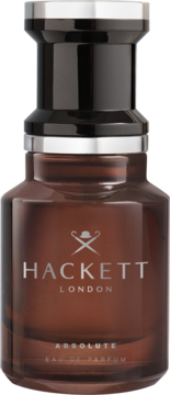 Flakon Hackett London Absolute Eau de Parfum, ciemnobrązowe szkło, czarna nakrętka ze srebrnymi detalami, widok z przodu.