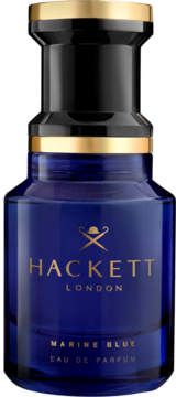 Hackett Marine Blue Eau de Parfum. Niebieska butelka ze złotym logo i czarną zakrętką ze złotymi detalami, widok z przodu.