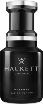 Hackett London Bespoke EDP, elegancka czarna butelka perfum ze srebrnymi pierścieniami i logo, widok z przodu.