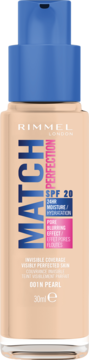Podkład Rimmel Match Perfection 001 N Pearl, beżowa butelka z niebieską pompką, SPF 20, widok z przodu.