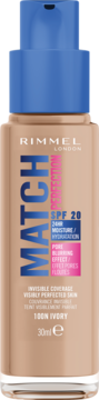 Podkład Rimmel Match Perfection 100% Ivory SPF 20, beżowa butelka z niebieską pompką, widok z przodu.