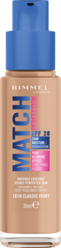 Beige Rimmel Match Perfection foundation 101N Classic Ivory SPF 20, pore blurring, with blue pump, front view.
