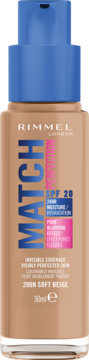 Podkład Rimmel Match Perfection w płynie, 200N Soft Beige, butelka z niebieską pompką, SPF 20.