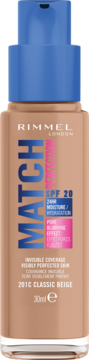 Podkład Rimmel Match Perfection 201C Classic Beige SPF 20 w beżowej butelce z niebieską pompką, widok z przodu.