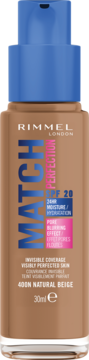 Podkład Rimmel Match Perfection 400N Natural Beige SPF 20, w brązowej butelce z niebieską pompką.