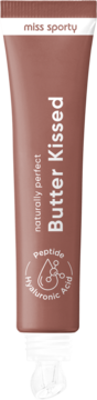 Miss Sporty Butter Kissed moisturizing lip balm in a brown-pink tube, with 'Peptide Hyaluronic Acid' icon, open applicator.