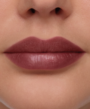 Zbliżenie na usta pokryte Bourjois Stain in Love Lip Tint. Nasycony, śliwkowy odcień z półmatowym wykończeniem.
