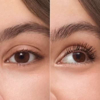 Zbliżenie na oko: po lewej naturalne rzęsy, po prawej wydłużone tuszem Bourjois Showstopper, efekt 'przed i po'.