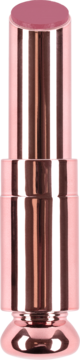 Zbliżenie na różową pomadkę do ust w sztyfcie o kremowym wykończeniu, w błyszczącym opakowaniu rose gold.