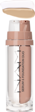NARS Serum & Foundation Duo, podwójna butelka z białym serum i beżowym podkładem, dwa swatche płynów.