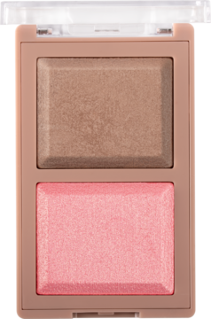 Wypiekany bronzer i róż w beżowej kompaktowej paletce, widok z góry. Górny brązowy, dolny różowy, z perłowym wykończeniem.