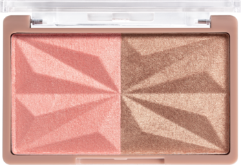 Otwarta paleta różu i rozświetlacza z dwoma shimmery odcieniami: różowym i brązowym, z geometrycznym wzorem.