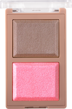 Wypiekany bronzer i róż w beżowej, podłużnej kasetce. Górna część matowa brązowa, dolna lśniąca różowa. Widok z góry.