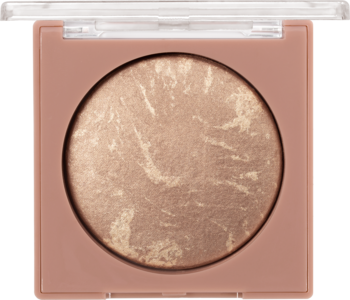 Wypiekany bronzer rozświetlający w brzoskwiniowym kompakcie, widok z góry. Okrągły wkład w złotym odcieniu.