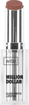 Wibo Million Dollar Cloud Matte Lipstick, nude/brązowy odcień, w srebrnej obudowie. Widok z przodu.