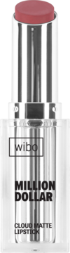 Wibo Million Dollar Cloud Matte Lipstick, otwarty sztyft w odcieniu zgaszonego różu, srebrne opakowanie.