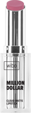 Różowa, matowa pomadka Wibo Million Dollar Cloud Matte Lipstick z wysuniętą końcówką w srebrnej oprawie.