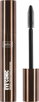Wibo Eye'Conic brązowy tusz do rzęs, metaliczna tuba, czarna wydłużająca szczoteczka, widok produktu rozłożonego.