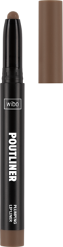 Wibo POUTLINER, brązowa powiększająca konturówka w czarnej obudowie, z widoczną końcówką i zdjętą skuwką.