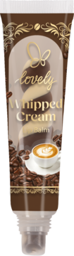 Ochronny balsam do ust Lovely Whipped Cream, brązowa tubka z motywem kawy i wzorem latte, widok z przodu.