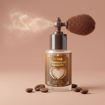 Rozświetlacz do ciała i włosów Cinnamon Sparkle, brązowa butelka z pompką, rozpylający złote drobinki. Obok ziarna kawy.