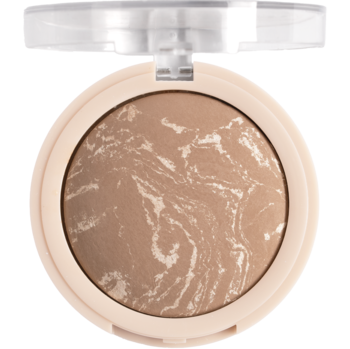 Okrągły bronzer do twarzy i ciała w beżowym kompakcie, marmurkowy wzór, satynowe wykończenie, zamknięte opakowanie.