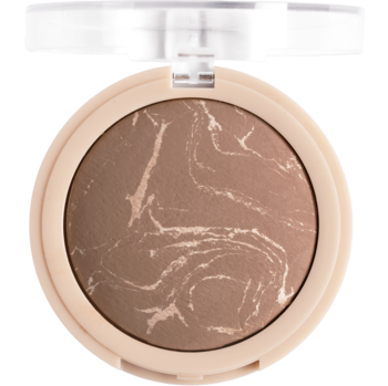 Bronzer do twarzy i ciała w okrągłej, beżowej puderniczce. Brązowy puder z jasnym, satynowym wzorem.