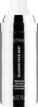 Catrice Glazing Face Mist, srebrna, cylindryczna butelka ze spryskiwaczem, do preppowania, utrwalania, chłodzenia. Widok z przodu.
