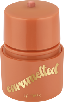Nawilżająca maseczka do ust essence caramelted 01 w pomarańczowym pojemniczku, z złotym napisem, widok pod kątem.