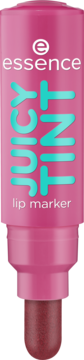 essence JUICY TINT 05 Plum Party pisak do ust w różowej obudowie z turkusowym napisem, z przodu, z ciemną końcówką.