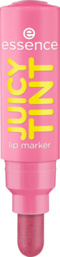 Różowy Essence JUICY TINT 04 Raspberry Rush lip marker, widok z przodu, z żółtym napisem i ciemniejszą końcówką.